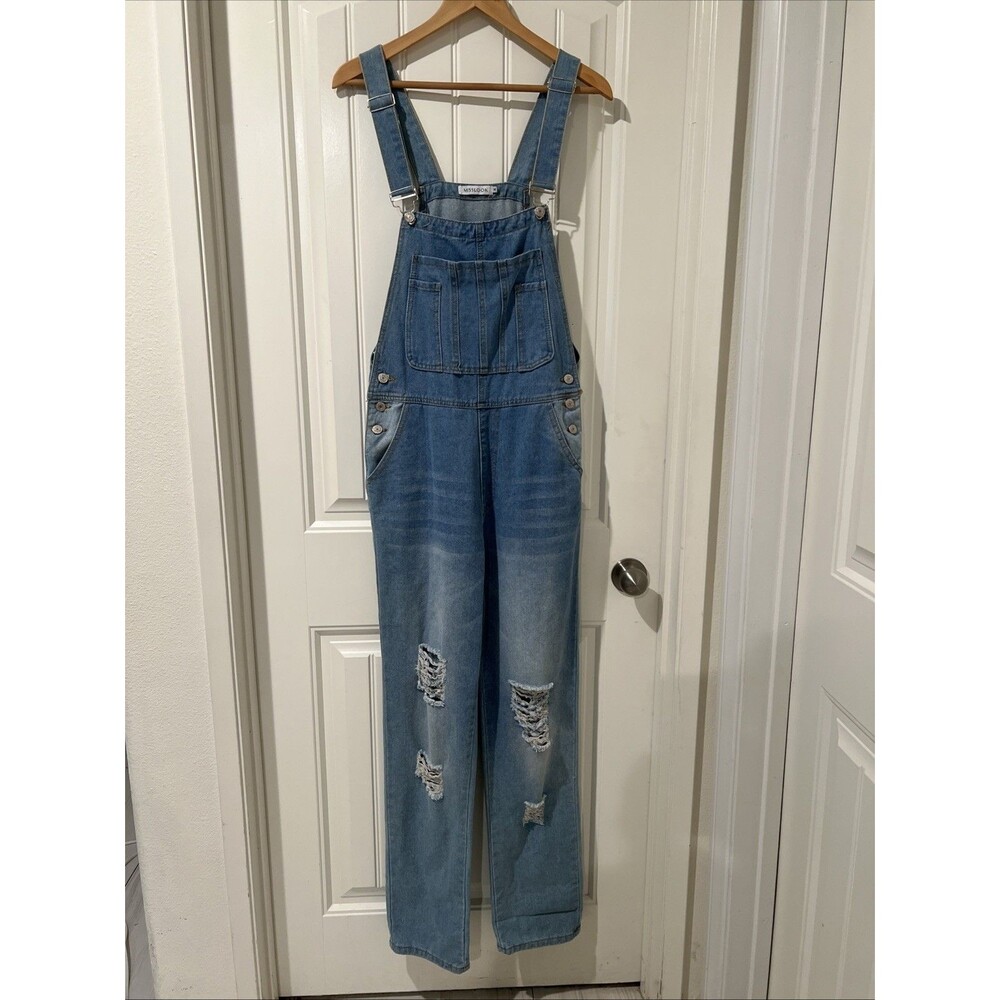 Womens MISSLOOK Distressed Denim Jeans Bib Overalls Size Medium